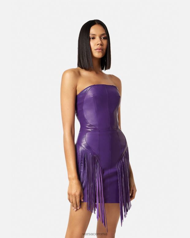 esso Versace donne miniabito in pelle con frange Viola JT08Z73 vestiario