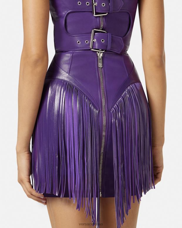 esso Versace donne miniabito in pelle con frange Viola JT08Z73 vestiario