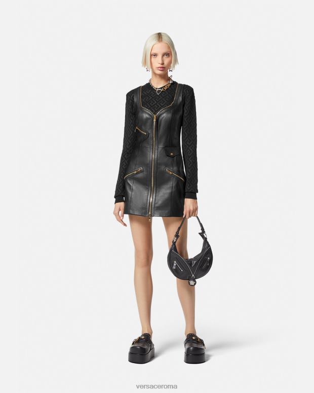 esso Versace donne miniabito in pelle da motociclista nero JT08Z67 vestiario