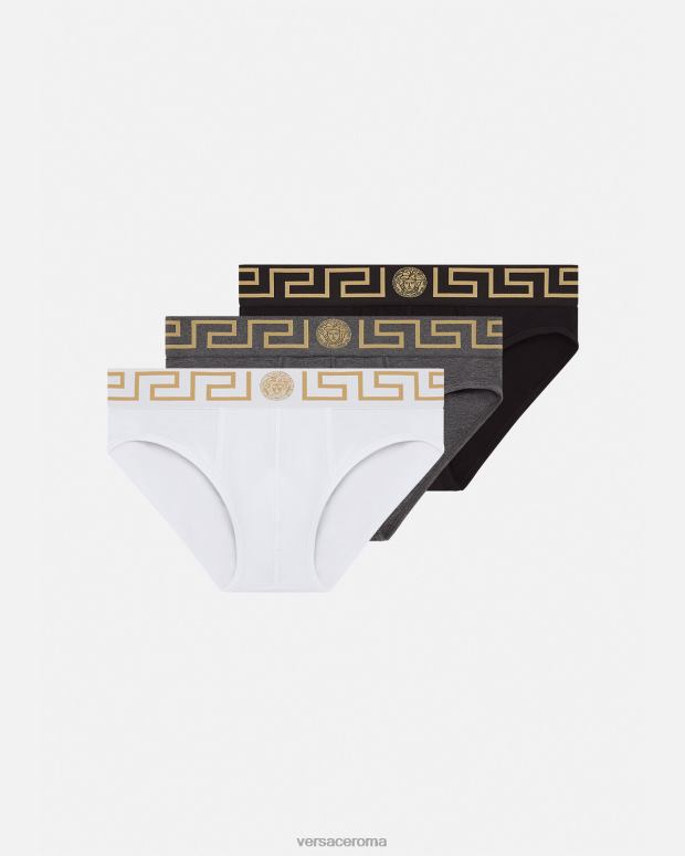 esso Versace uomini confezione da 3 slip con bordo grecata bianco e nero e grigio JT08Z1779 biancheria intima e costumi da bagno