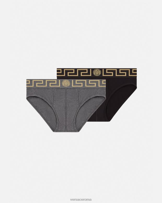 esso Versace uomini slip con bordo greca, confezione da 2 grigio e nero JT08Z1783 biancheria intima e costumi da bagno