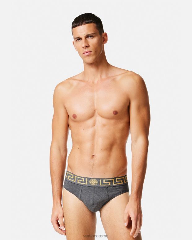 esso Versace uomini slip con bordo greca, confezione da 2 grigio e nero JT08Z1783 biancheria intima e costumi da bagno
