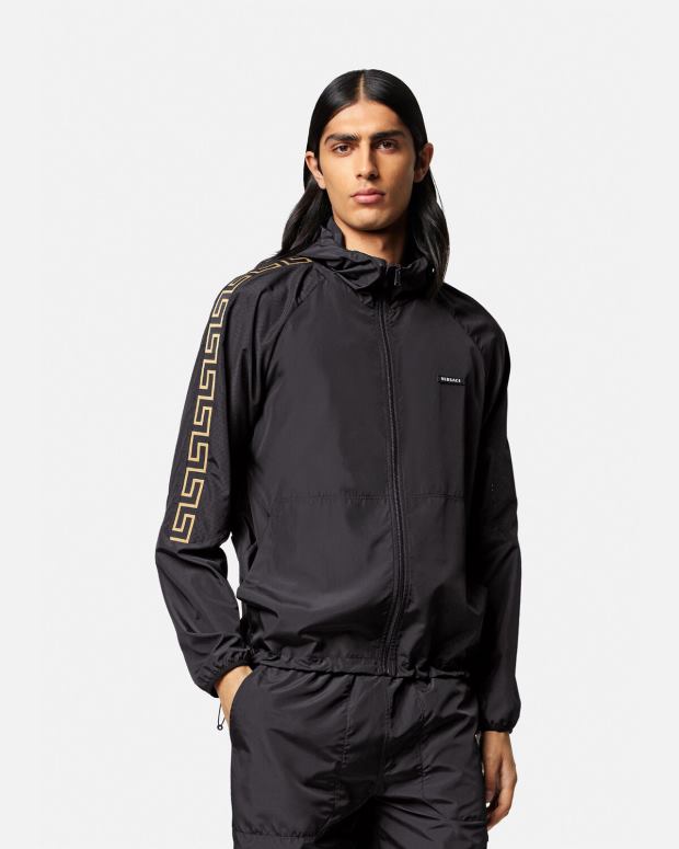 esso Versace uomini giacca sportiva da palestra in nylon grecata nero JT08Z1452 vestiario