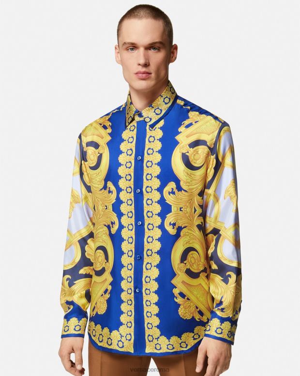 esso Versace uomini Camicia barocco 660 in cotone blu e oro JT08Z1321 vestiario