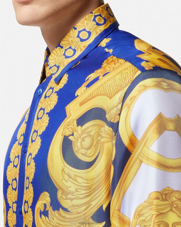 esso Versace uomini Camicia barocco 660 in cotone blu e oro JT08Z1321 vestiario