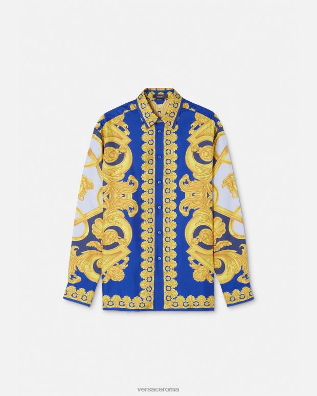esso Versace uomini Camicia in seta barocco 660 blu e oro JT08Z1318 vestiario