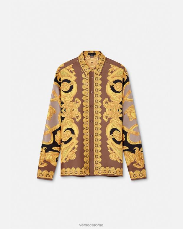 esso Versace uomini Camicia in seta barocco 660 marrone e oro JT08Z1320 vestiario