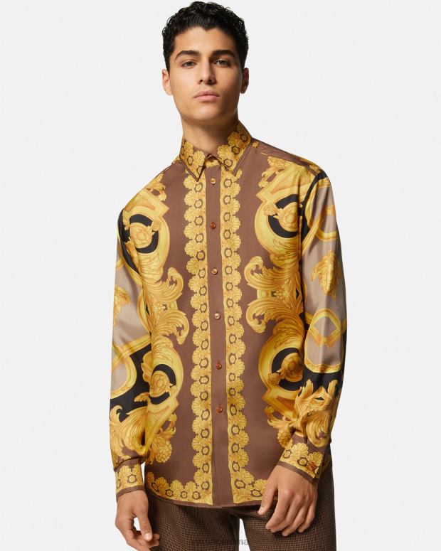 esso Versace uomini Camicia in seta barocco 660 marrone e oro JT08Z1320 vestiario