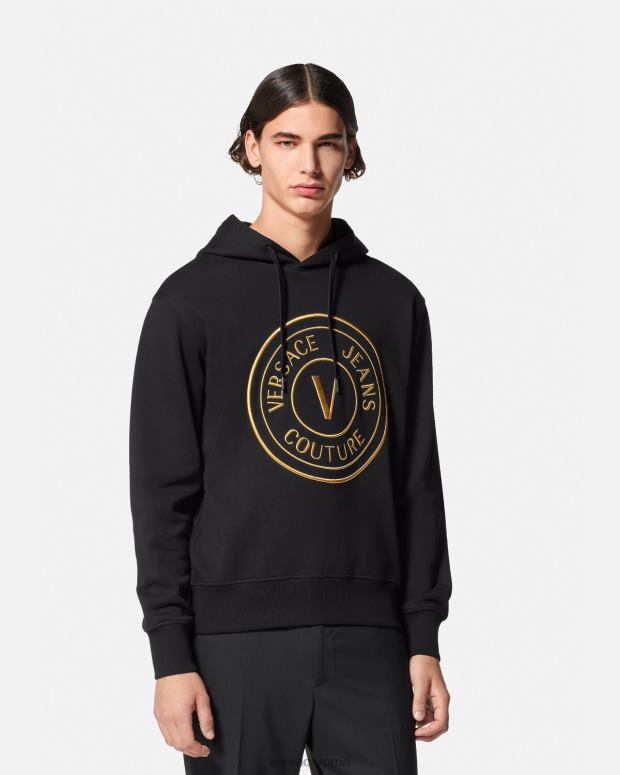 esso Versace uomini Felpa con cappuccio con stemma V oro nero JT08Z2364 vestiario