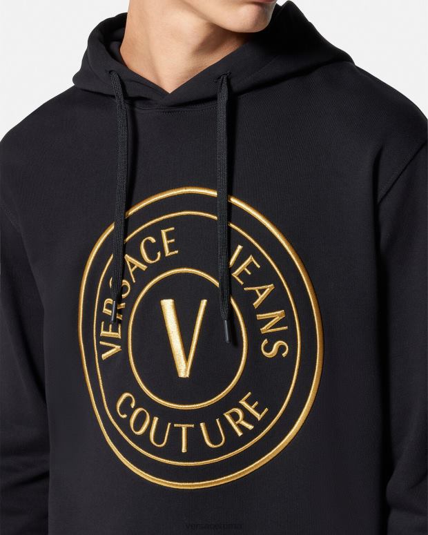 esso Versace uomini Felpa con cappuccio con stemma V oro nero JT08Z2364 vestiario