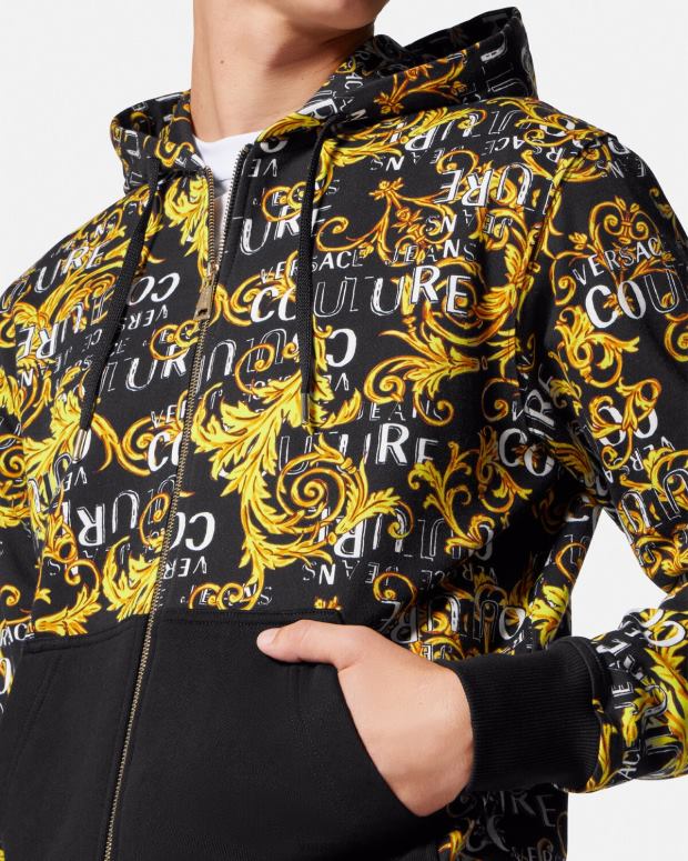 esso Versace uomini Felpa con cappuccio e zip con logo couture oro nero JT08Z2403 vestiario