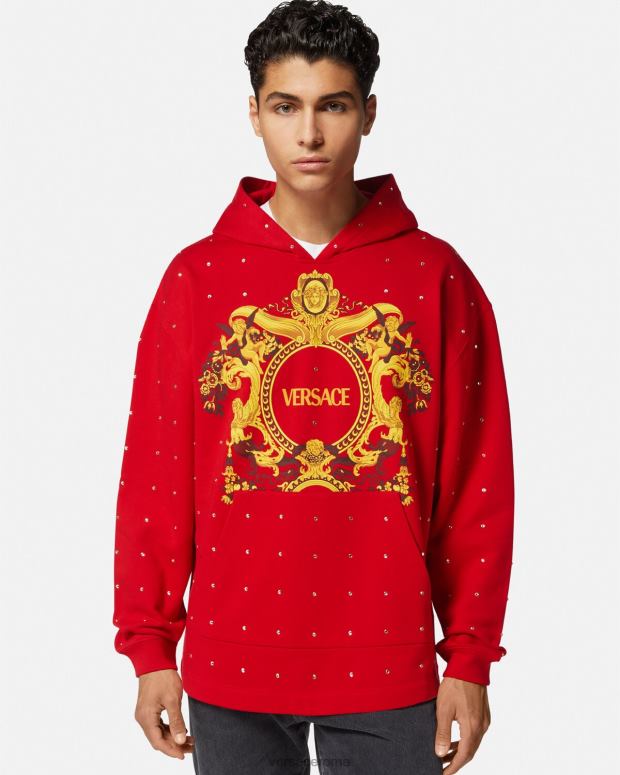 esso Versace uomini Felpa con cappuccio con griglia di cristalli barocchi rosso JT08Z1421 vestiario