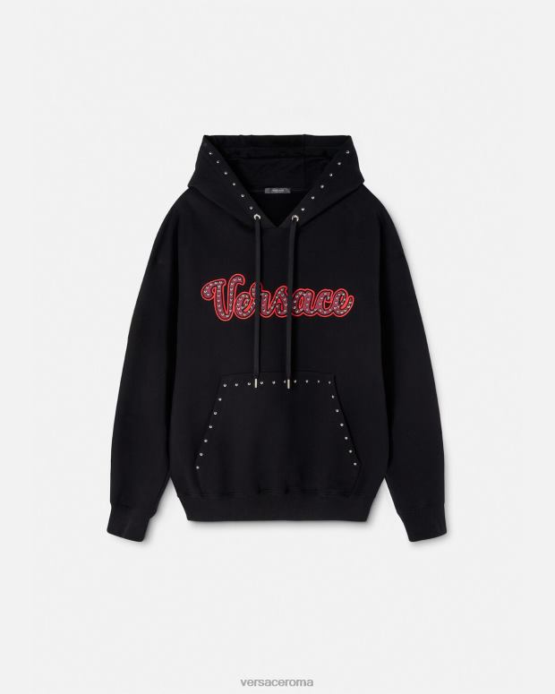 esso Versace uomini Felpa con cappuccio con logo varsity borchiato nero JT08Z1425 vestiario
