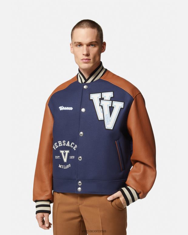 esso Versace uomini Bomber con logo varsity blu e marrone JT08Z1257 vestiario