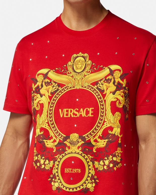 esso Versace uomini t-shirt con griglia di cristalli barocchi rosso JT08Z1401 vestiario